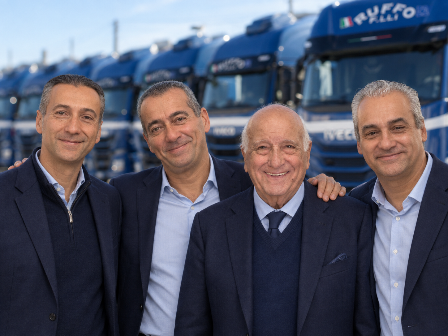 I fratelli Filippo, Corrado e Diego Ruffo con il papà Giuseppe davanti alla flotta aziendale